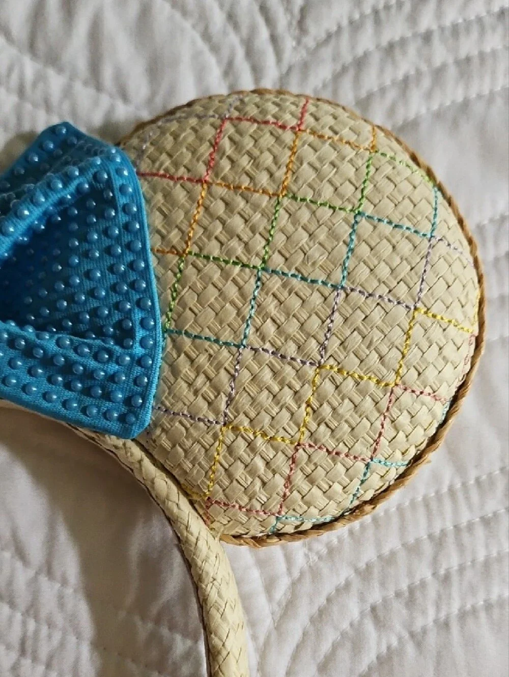Disney X BaubleBar Straw Mouse Ear Headband with Bright Turquoise Bow